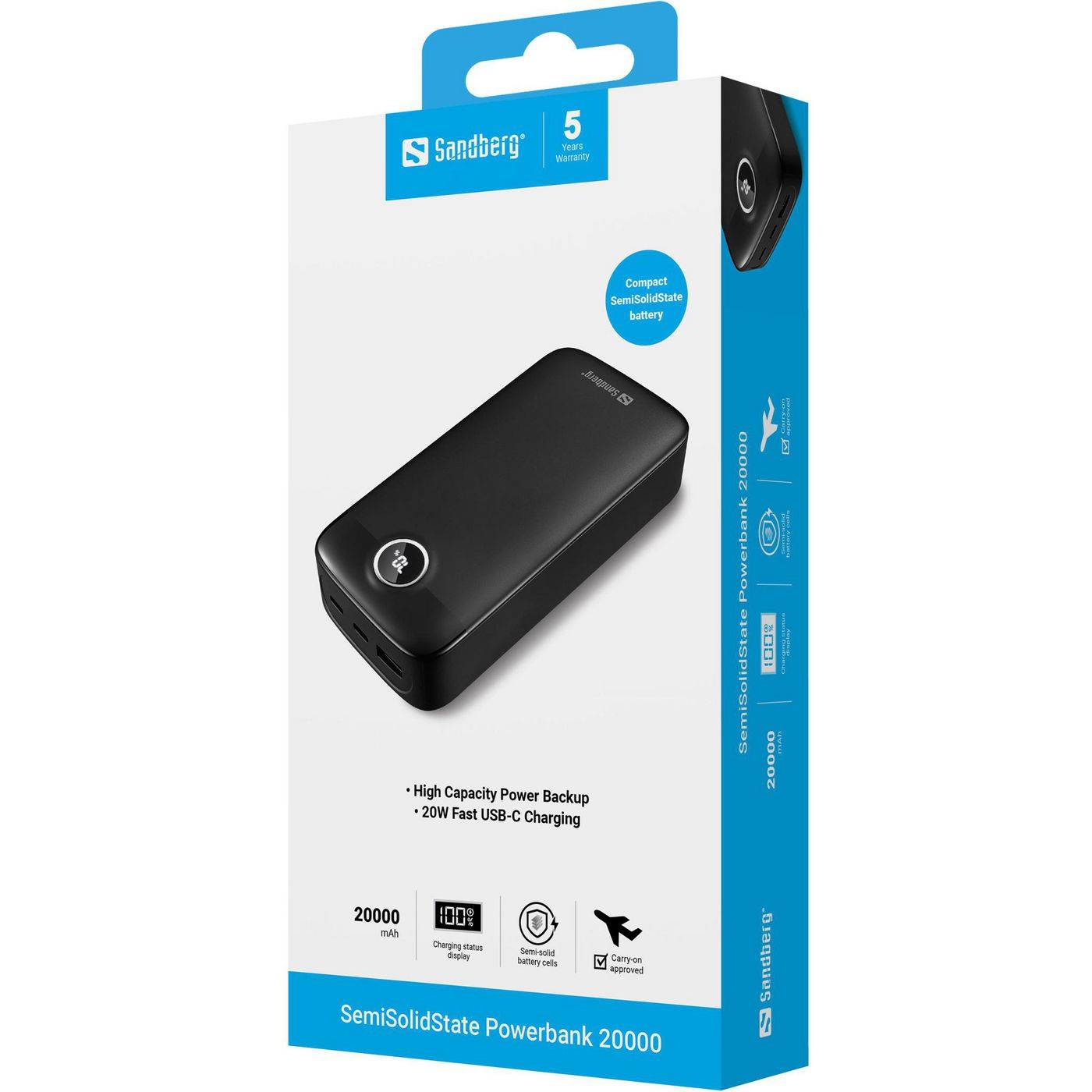 Sandberg - Powerbank - 20000 mAh - 20 watt - 3 A - Fast Charge (USB-C)