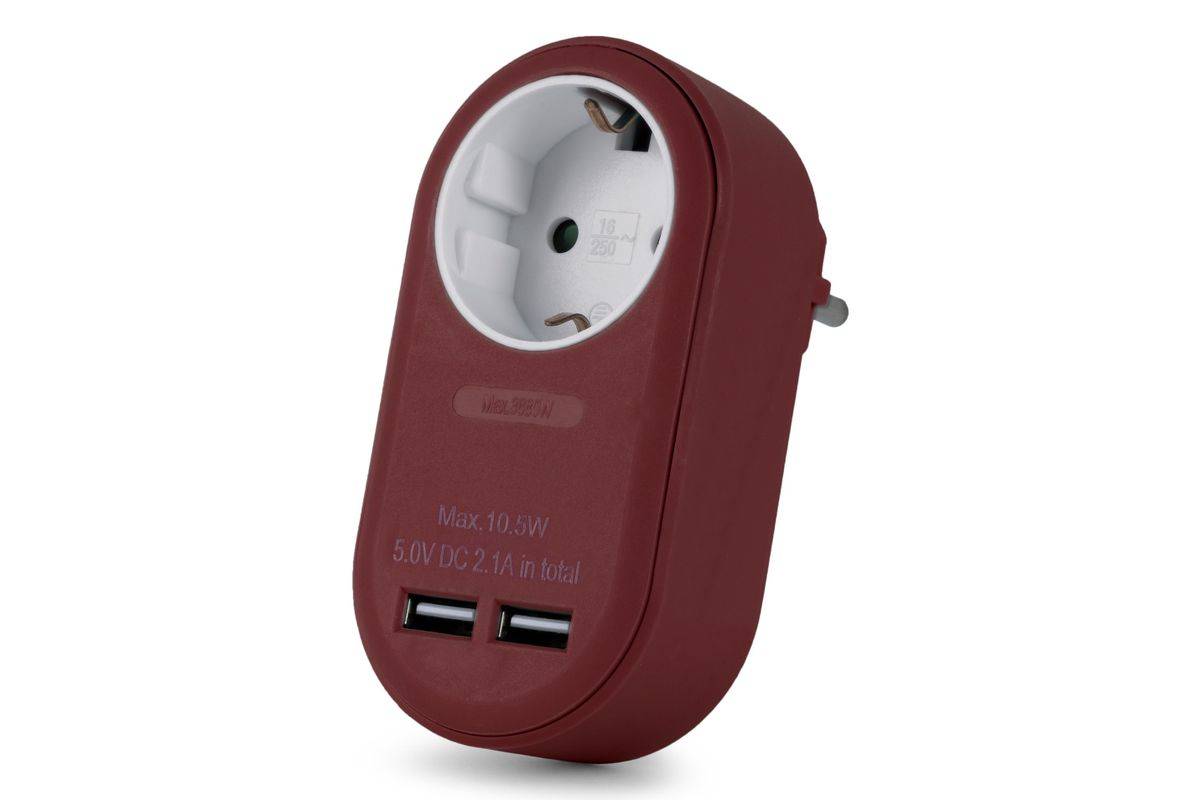 Entac Steckdosenadapter + 2x USB-A burgundy Multimedia-Technik Adapter