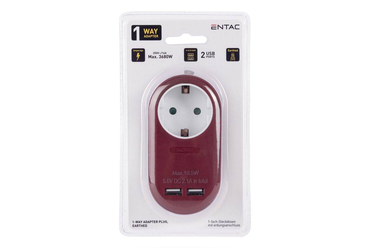 Entac Steckdosenadapter + 2x USB-A burgundy Multimedia-Technik Adapter
