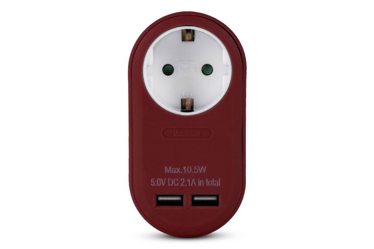 Entac Steckdosenadapter + 2x USB-A burgundy Multimedia-Technik Adapter