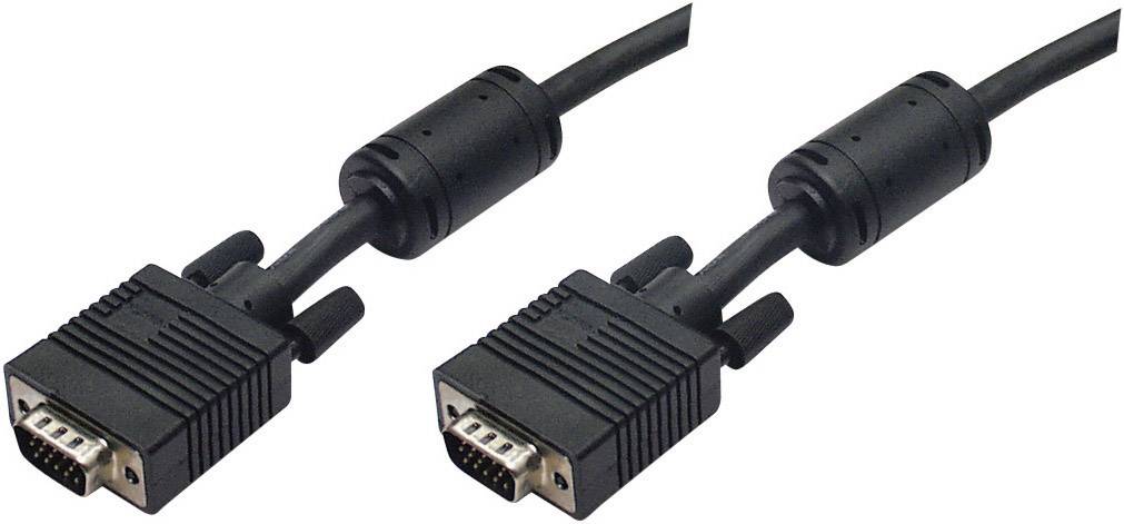 Zwei schwarze VGA-Kabel mit jeweils einem Stecker und Ferritkern, zur Übertragung von analogem Videosignal für Monitore oder Projektoren.