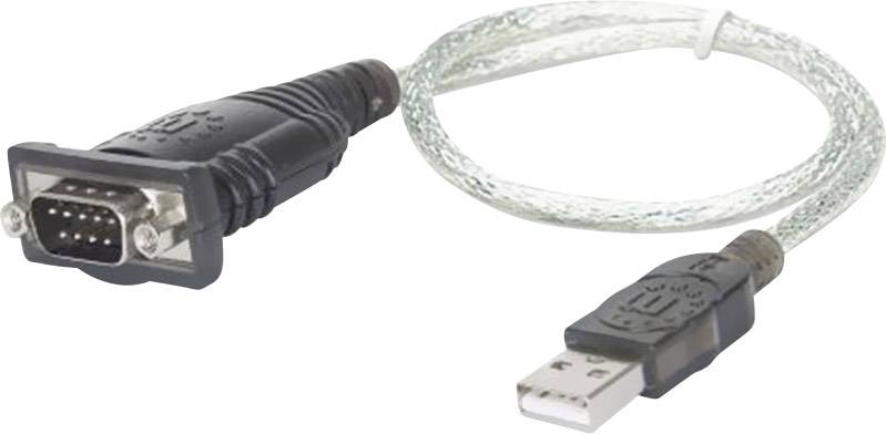 Ein USB-zu-Seriell-Adapterkabel mit einem USB-Anschluss auf der einen Seite und einem DB9-Seriell-Anschluss auf der anderen Seite.