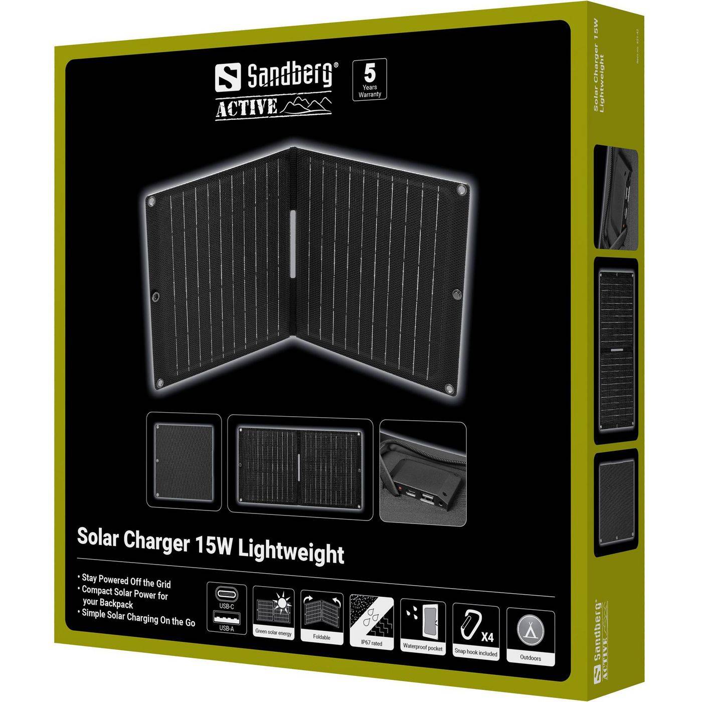 SANDBERG Solarladegerät - lightweight - 15 Watt - 2 A - 2 Ausgabeanschlussstellen (USB, USB-C)
