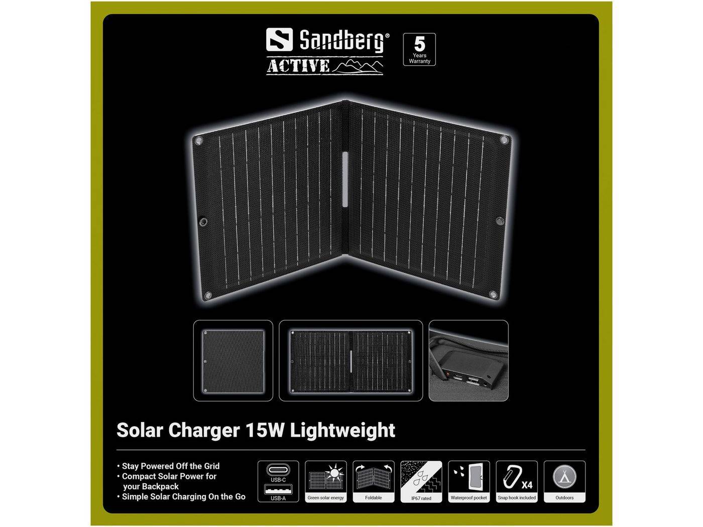 SANDBERG Solarladegerät - lightweight - 15 Watt - 2 A - 2 Ausgabeanschlussstellen (USB, USB-C)