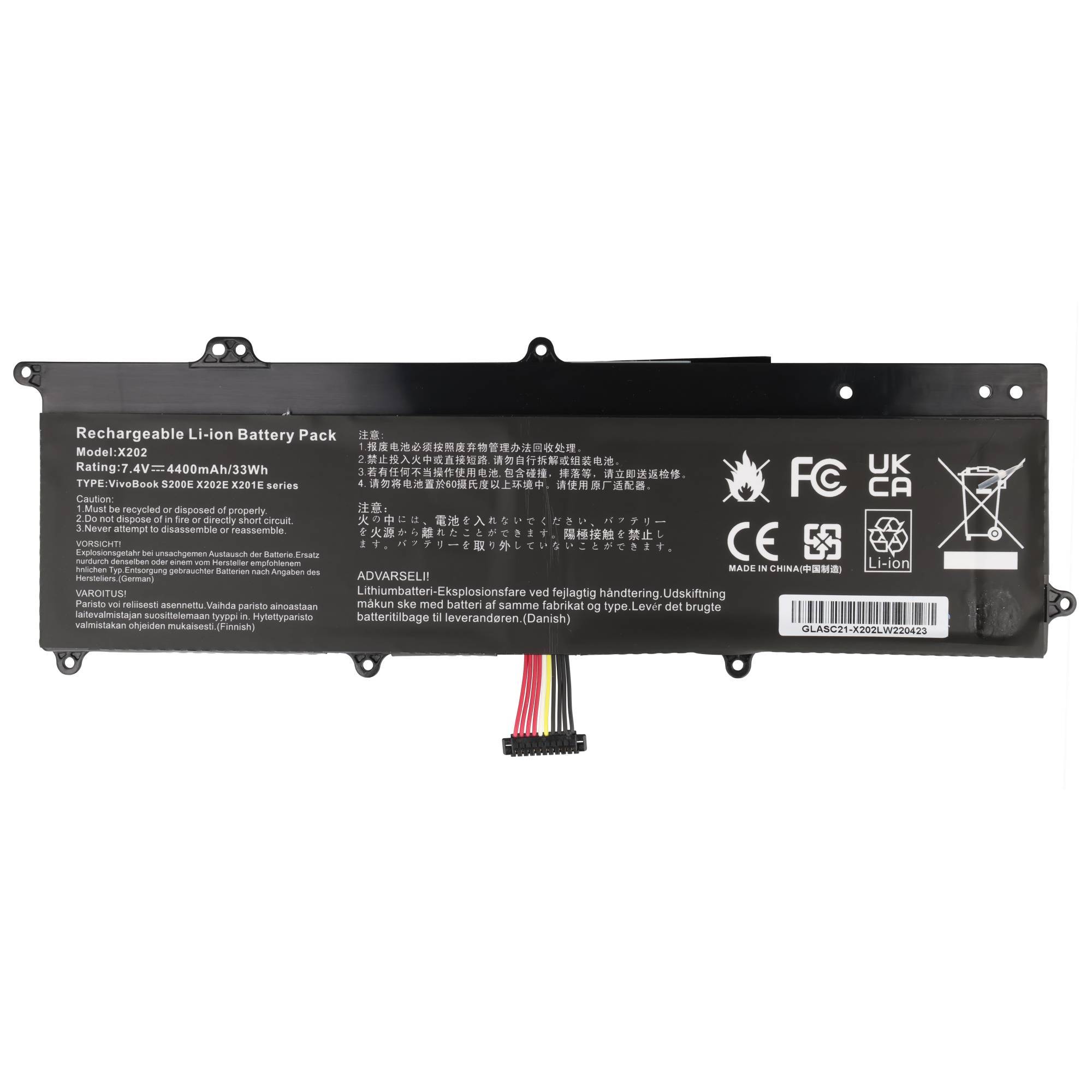Akku passend für ASUS ViviBook X202 series, Li-Polymer, 7,4V, 4400mAh, 32,6Wh, schwarz