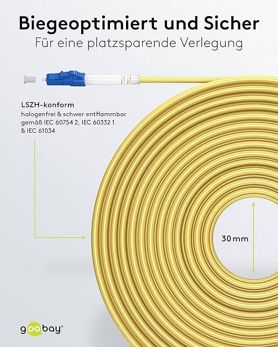 Goobay 59651 Glasfaserkabel FTTH Singlemode OS2 Simplex 100 Gbit/s SC-APC auf LC-UPC Patchkabel halogenfrei Gelb, 5.00 m