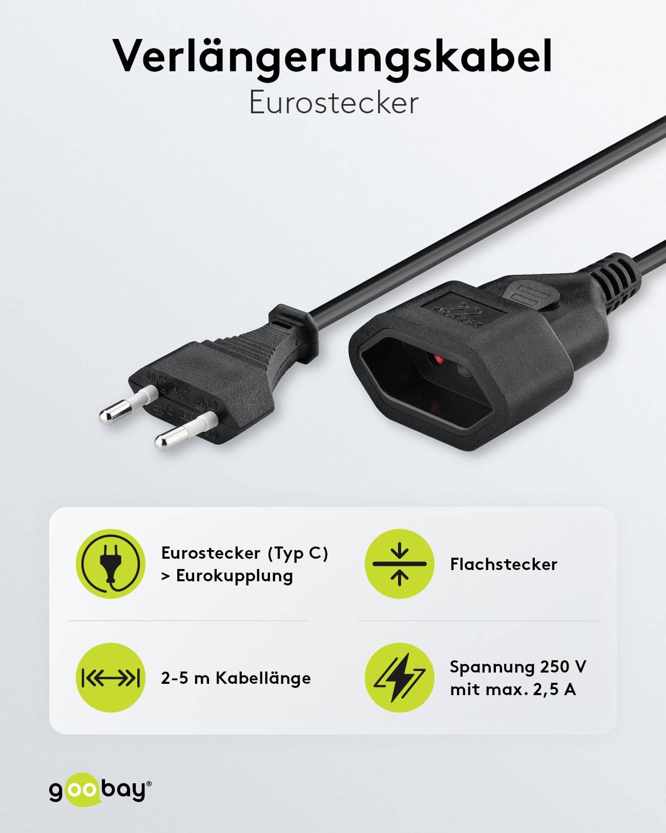 Goobay 64616 Euro Netzkabel Verlängerung 2 polig Stromkabel Eurostecker Typ C Eurokabel Verlängerungskabel Schwarz 2m
