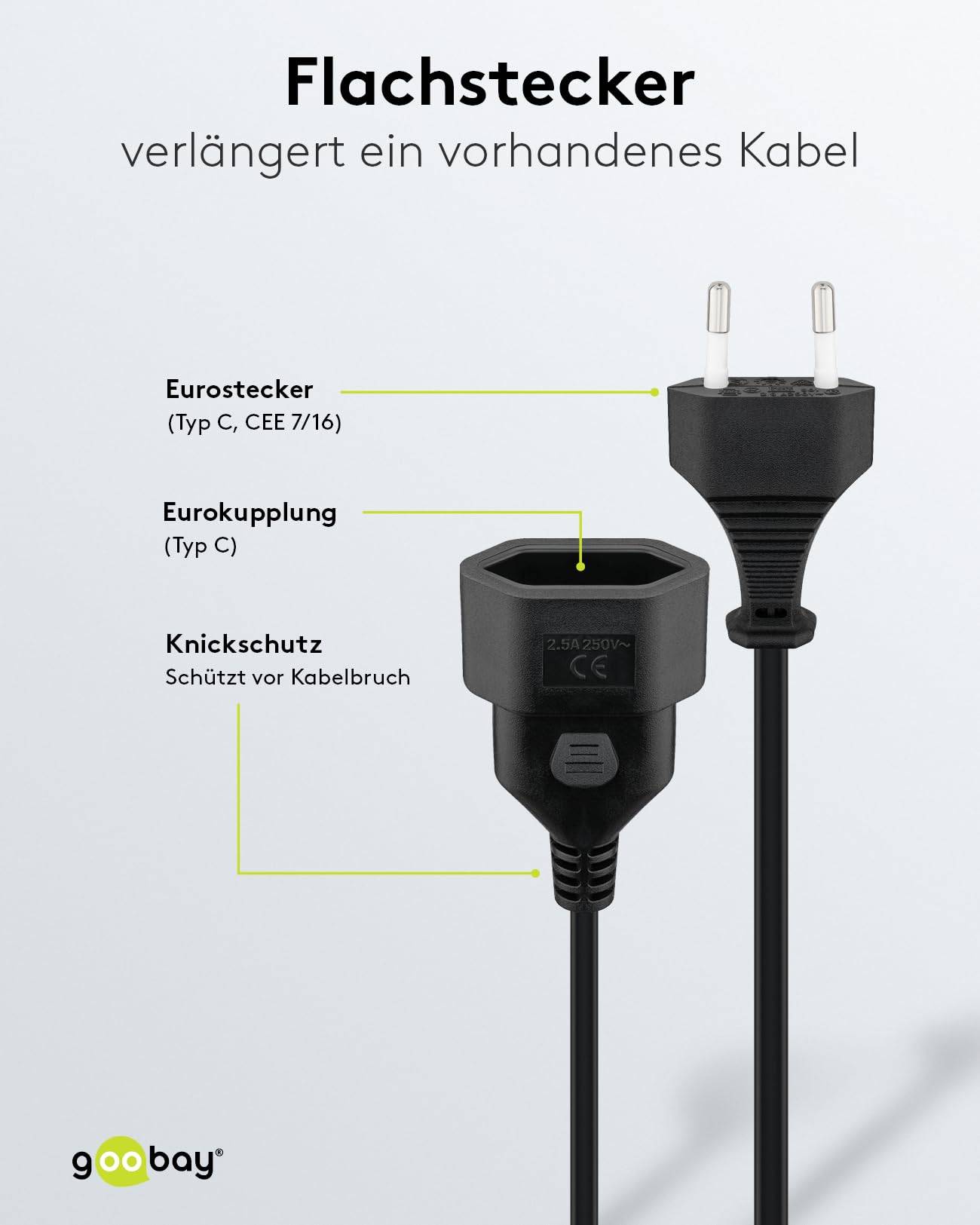 Goobay 64616 Euro Netzkabel Verlängerung 2 polig Stromkabel Eurostecker Typ C Eurokabel Verlängerungskabel Schwarz 2m