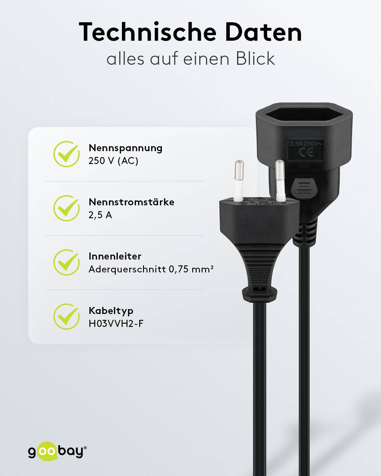 Goobay 64616 Euro Netzkabel Verlängerung 2 polig Stromkabel Eurostecker Typ C Eurokabel Verlängerungskabel Schwarz 2m