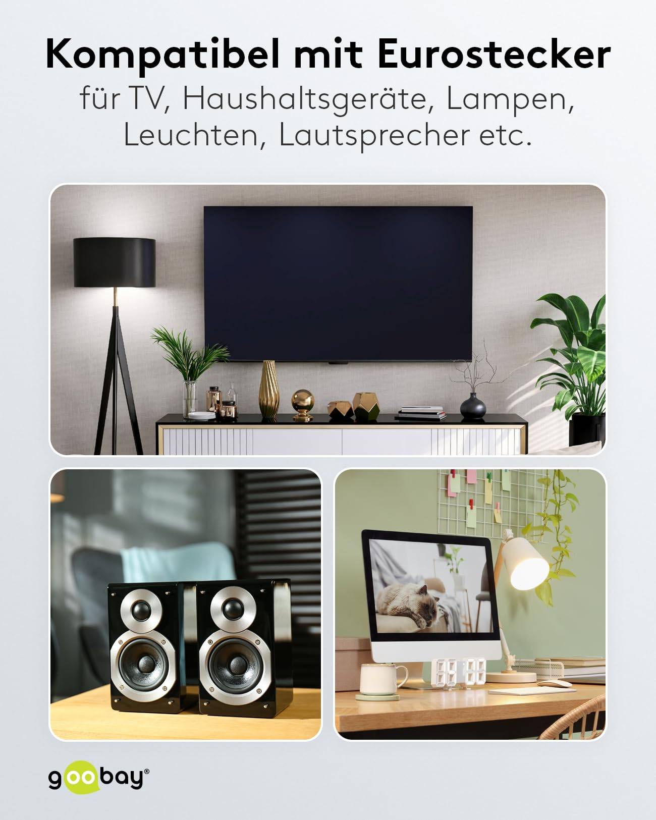 Goobay 64616 Euro Netzkabel Verlängerung 2 polig Stromkabel Eurostecker Typ C Eurokabel Verlängerungskabel Schwarz 2m
