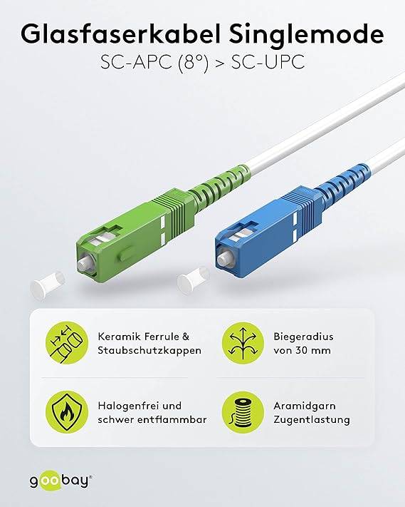 Goobay 59622 Glasfaserkabel FTTH Singlemode OS2 Simplex 100 Gbit/s SC-APC auf SC-UPC Patchkabel halogenfrei Weiß 10.00 m
