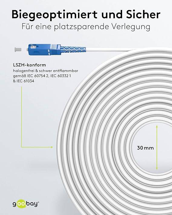 Goobay 59622 Glasfaserkabel FTTH Singlemode OS2 Simplex 100 Gbit/s SC-APC auf SC-UPC Patchkabel halogenfrei Weiß 10.00 m