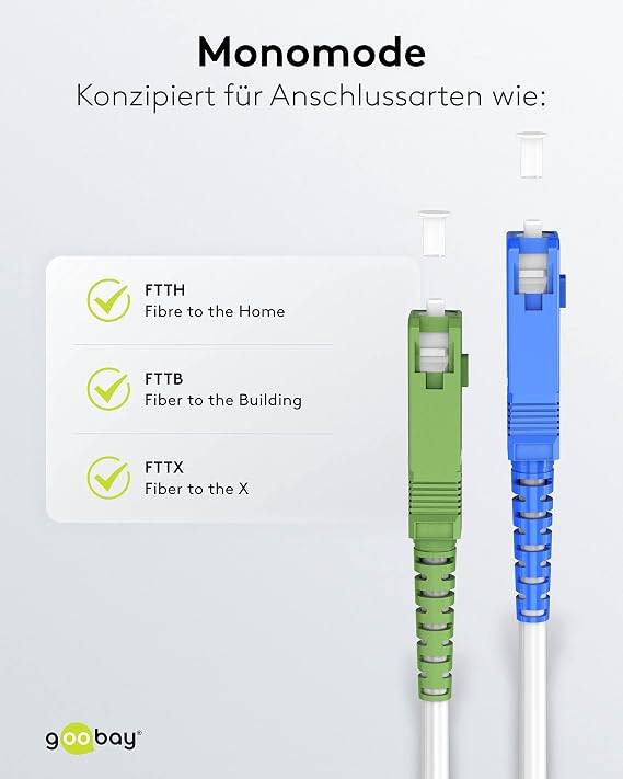 Goobay 59622 Glasfaserkabel FTTH Singlemode OS2 Simplex 100 Gbit/s SC-APC auf SC-UPC Patchkabel halogenfrei Weiß 10.00 m
