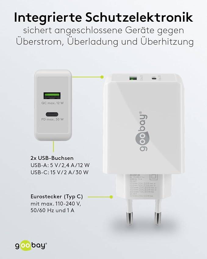 Goobay 61674 Dual Port USB Netzteil 30W / Schnellladegerät PD & QC / USB-A & USB-C Adapter / USB Charger Ladegerät Weiß