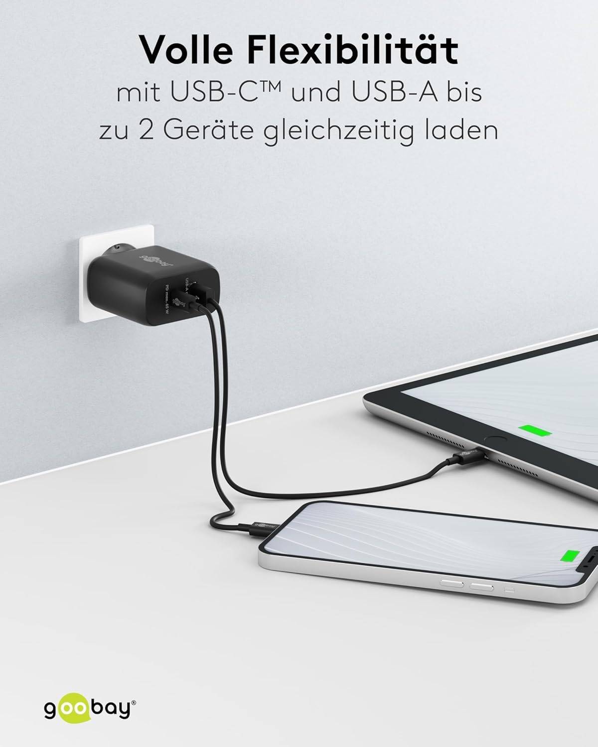 Goobay Dual USB Netzteil 65W Schnellladegerät PD, 2fach Port 1x USB-C &amp; 1x USB-A, Mini GaN Adapter, Schwarz