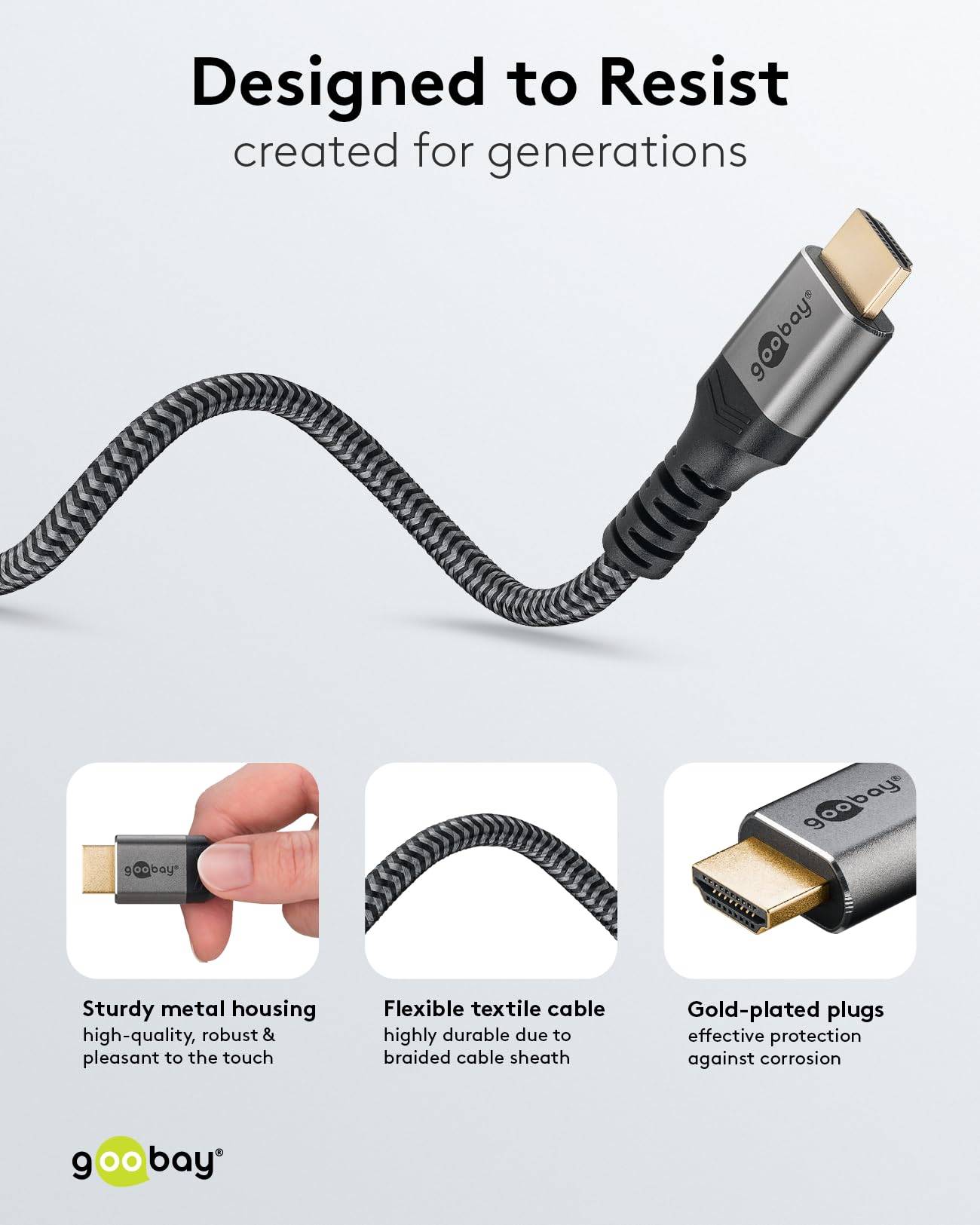 Goobay Plus 65262 Ultra Highspeed HDMI Kabel UHD 8K @ 60Hz Monitorkabel / 48 Gbits Textilkabel Shark Skin / Grau / 3m