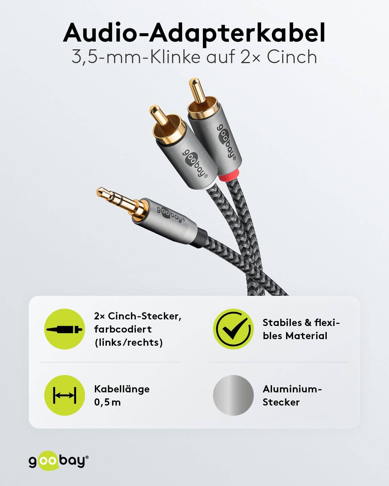 Goobay Plus 65284 AUX auf Cinch Adapterkabel / 3,5 mm Klinkenstecker / Y Cinchkabel Textilkabel Shark Skin / Grau / 0,5m