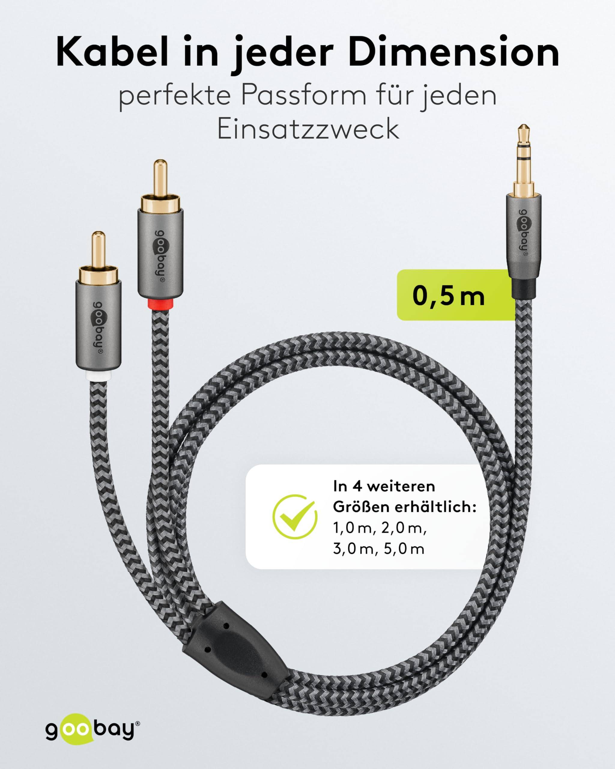Goobay Plus 65284 AUX auf Cinch Adapterkabel / 3,5 mm Klinkenstecker / Y Cinchkabel Textilkabel Shark Skin / Grau / 0,5m