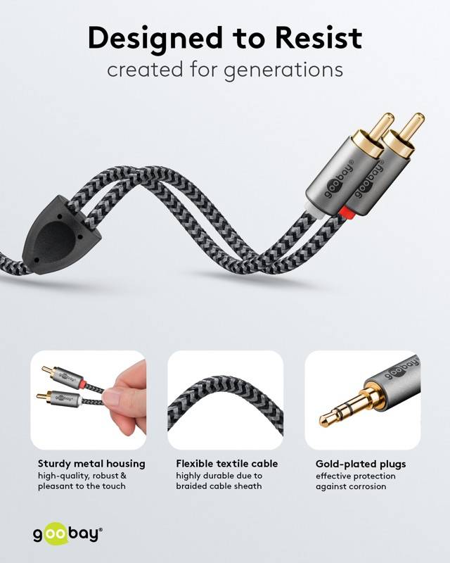 Goobay Plus 65284 AUX auf Cinch Adapterkabel / 3,5 mm Klinkenstecker / Y Cinchkabel Textilkabel Shark Skin / Grau / 0,5m