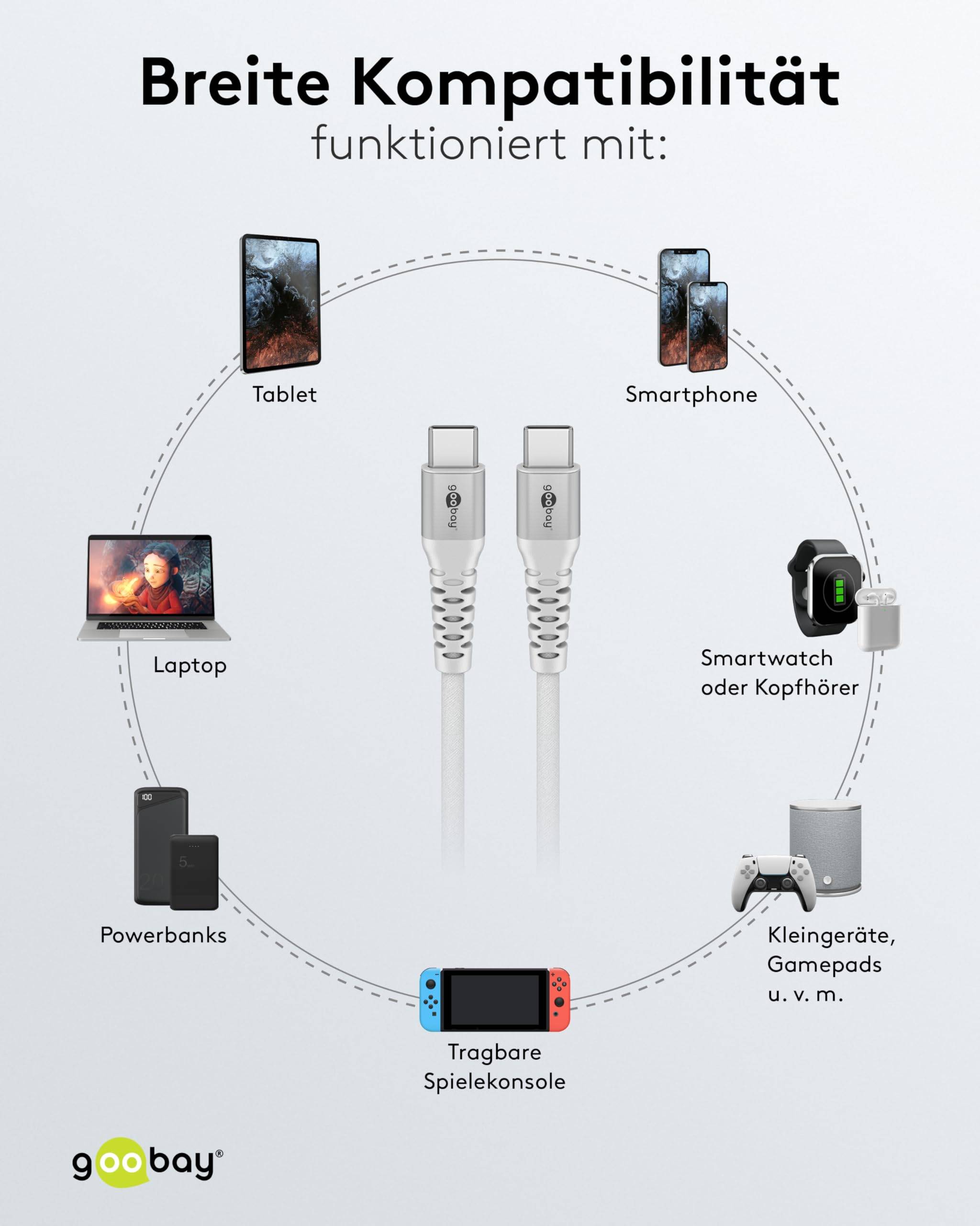 Goobay 70193 USB C auf USB C Ladekabel 60W / Textilkabel 480 Mbits / USB 2.0 Typ C Adapterkabel Stoffkabel / Weiß / 1m