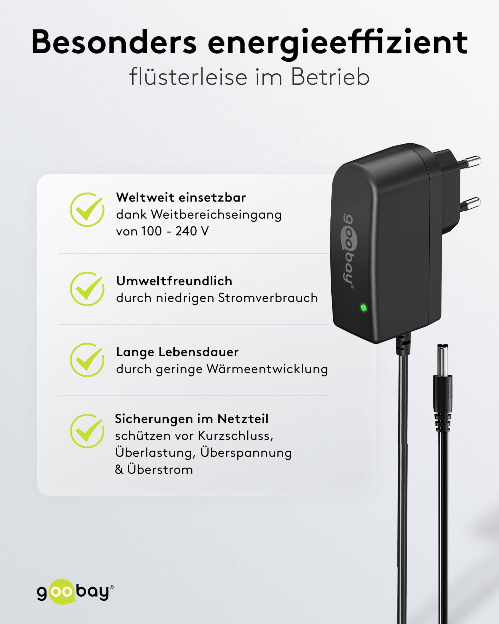 Goobay 64977 12V Netzteil DC Stecker 5,5 x 2,1mm Ladegerät 1A / 12W Festspannung Steckernetzteil Netzadapter / Schwarz