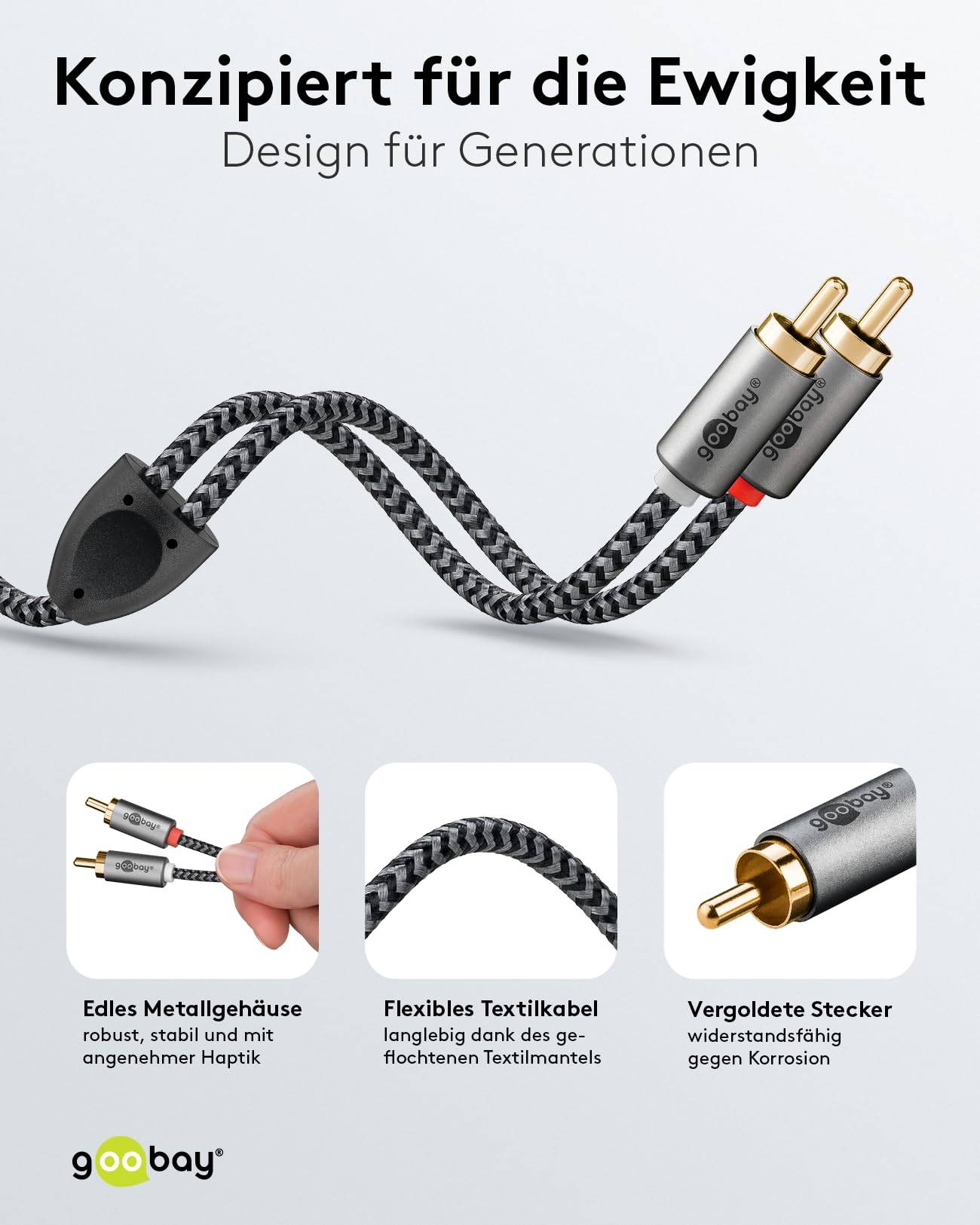 Goobay Plus 65291 Stereo Cinchkabel 2x Cinch-Stecker auf 2x Cinchstecker / Audiokabel Textilkabel Shark Skin Grau / 0,5m