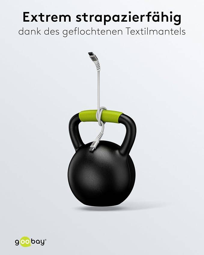 Goobay 70193 USB C auf USB C Ladekabel 60W / Textilkabel 480 Mbits / USB 2.0 Typ C Adapterkabel Stoffkabel / Weiß / 1m