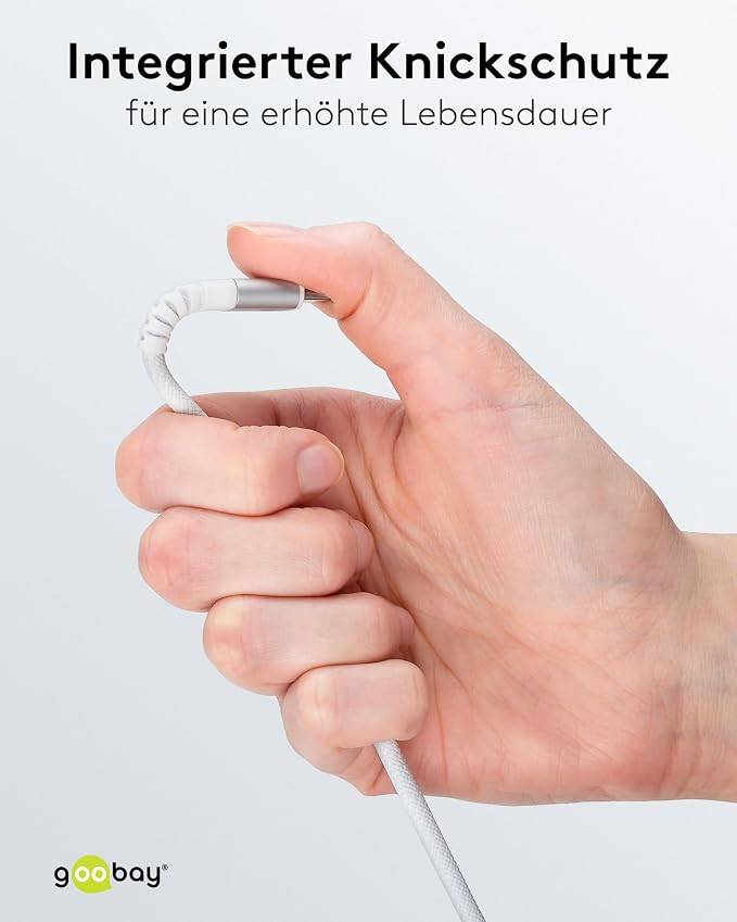Goobay 70193 USB C auf USB C Ladekabel 60W / Textilkabel 480 Mbits / USB 2.0 Typ C Adapterkabel Stoffkabel / Weiß / 1m