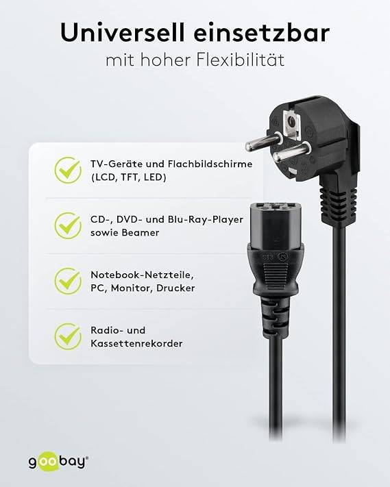 Goobay 59566 Kaltgerätekabel 90° gewinkelt / Schutzkontaktstecker &amp; C13 Buchse / Stromkabel Netzkabel / Schwarz / 1.8m