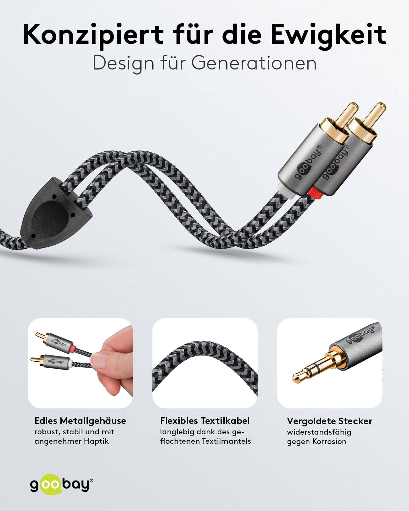 Goobay Plus 65284 AUX auf Cinch Adapterkabel / 3,5 mm Klinkenstecker / Y Cinchkabel Textilkabel Shark Skin / Grau / 0,5m
