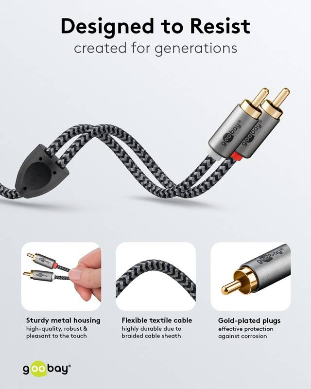 Goobay Plus 65294 Stereo Cinchkabel 2x Cinch-Stecker auf 2x Cinchstecker / Audiokabel Textilkabel Shark Skin Grau / 3m