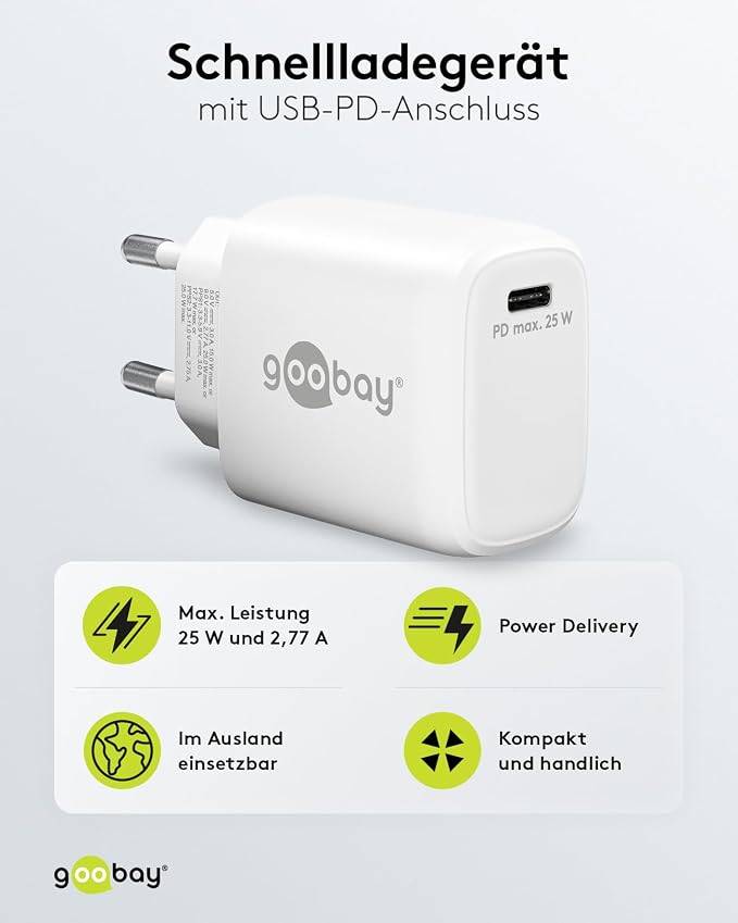 Goobay 65368 USB-C Netzteil 25W Power Delivery Charger / Universal Ladegerät Handy & Tablet / Mini USB-C Adapter / Weiß