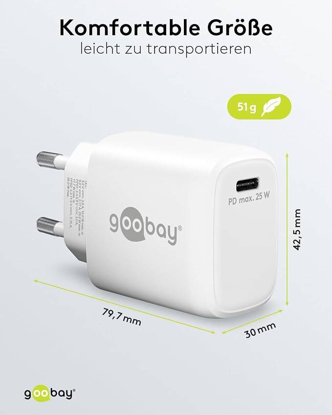 Goobay 65368 USB-C Netzteil 25W Power Delivery Charger / Universal Ladegerät Handy & Tablet / Mini USB-C Adapter / Weiß