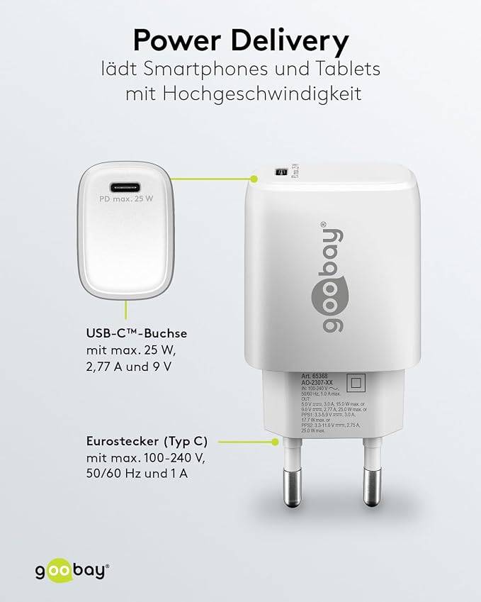 Goobay 65368 USB-C Netzteil 25W Power Delivery Charger / Universal Ladegerät Handy & Tablet / Mini USB-C Adapter / Weiß