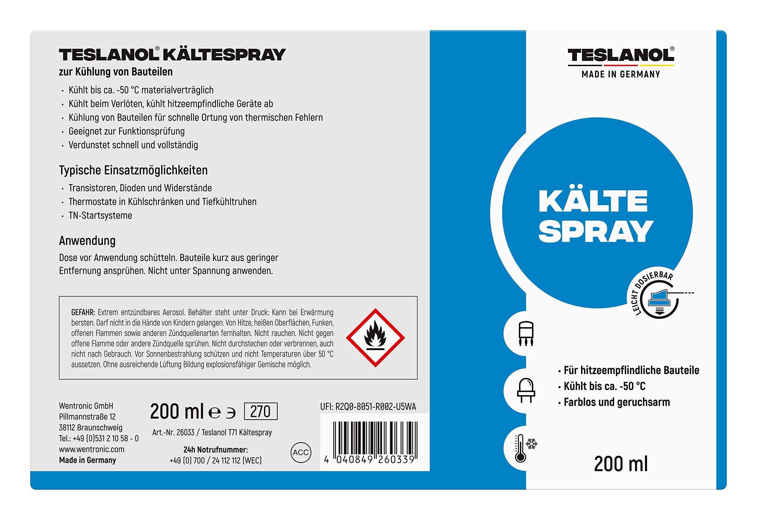 Teslanol 26033 Kältespray zur Kühlung von hitzeempfindlichen Bauteilen Kälteschockspray Kühlspray Spraydose 200 ml