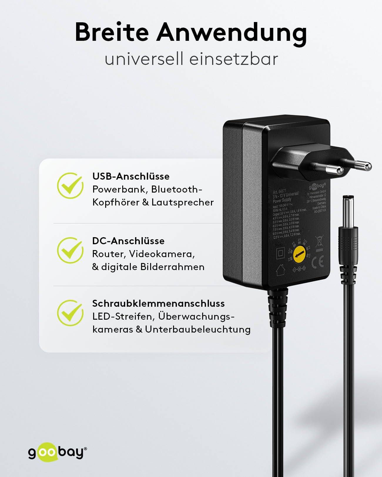 Goobay 64571 Universal Netzteil 3-12V Ladegerät 11 Adapter USB & DC Steckernetzteil max. 7,2W / 0,6A Netzadapter Schwarz