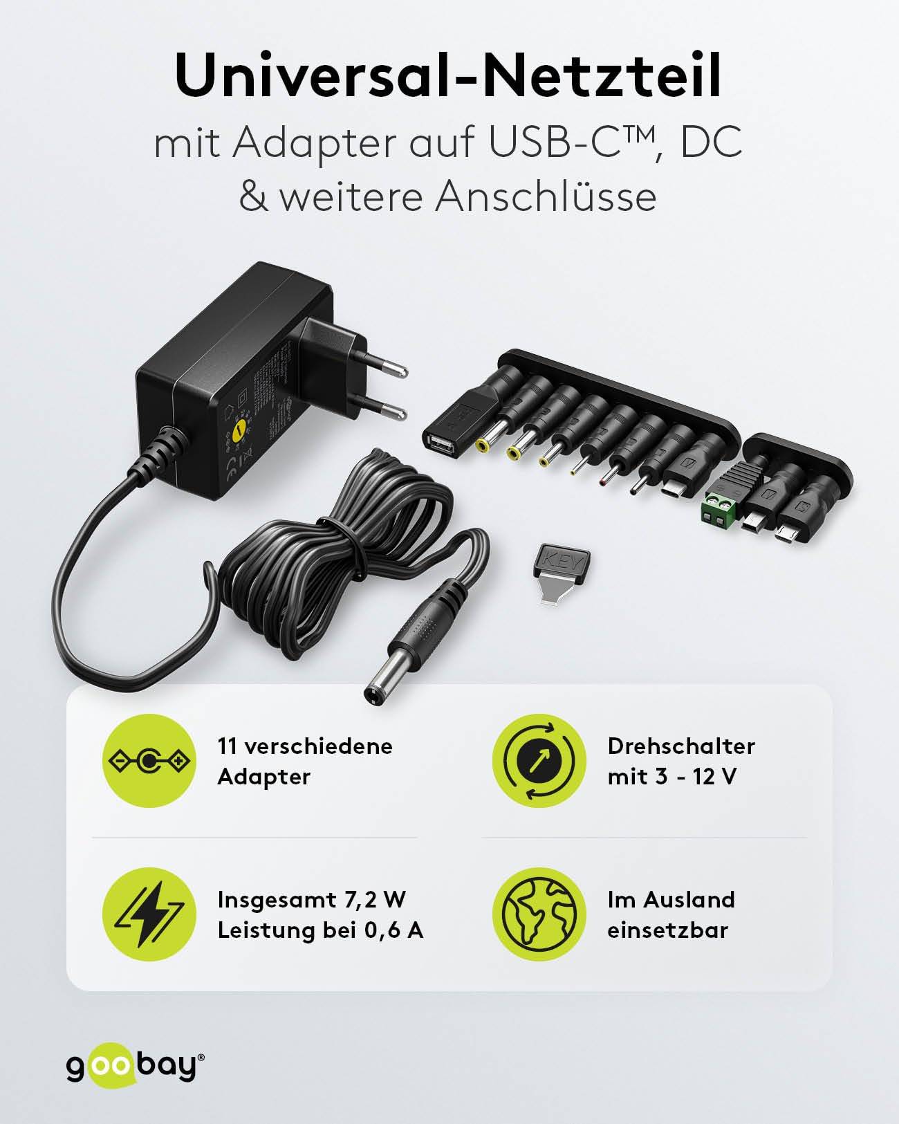 Goobay 64571 Universal Netzteil 3-12V Ladegerät 11 Adapter USB & DC Steckernetzteil max. 7,2W / 0,6A Netzadapter Schwarz