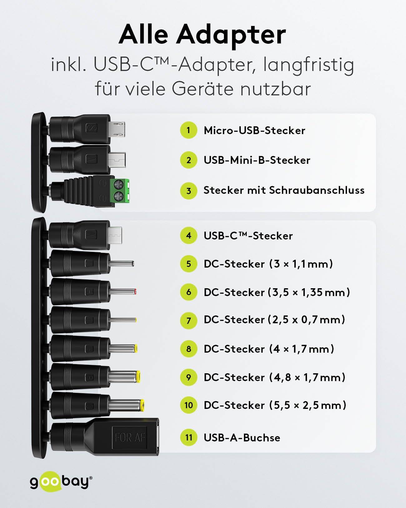 Goobay 64571 Universal Netzteil 3-12V Ladegerät 11 Adapter USB & DC Steckernetzteil max. 7,2W / 0,6A Netzadapter Schwarz