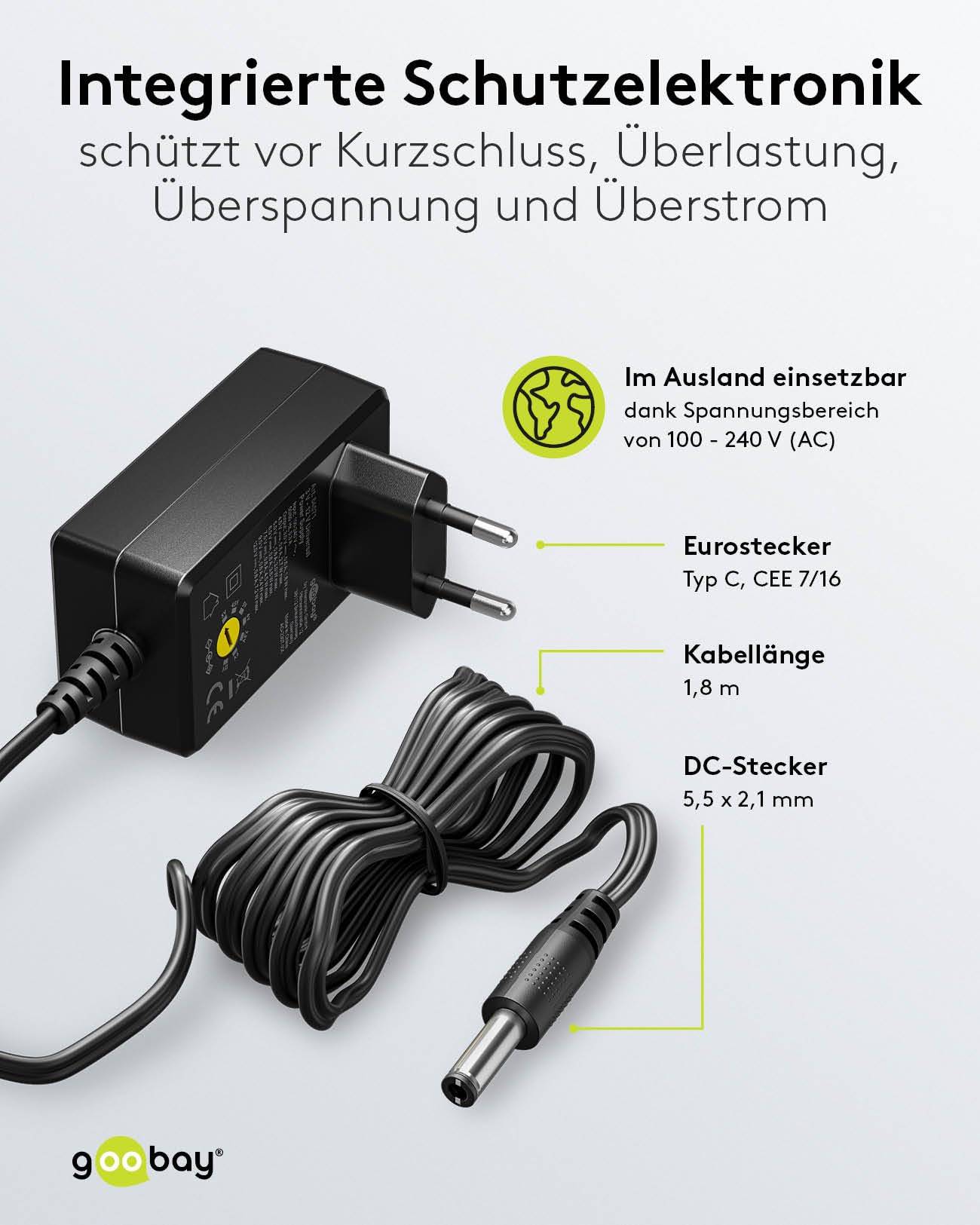 Goobay 64571 Universal Netzteil 3-12V Ladegerät 11 Adapter USB & DC Steckernetzteil max. 7,2W / 0,6A Netzadapter Schwarz
