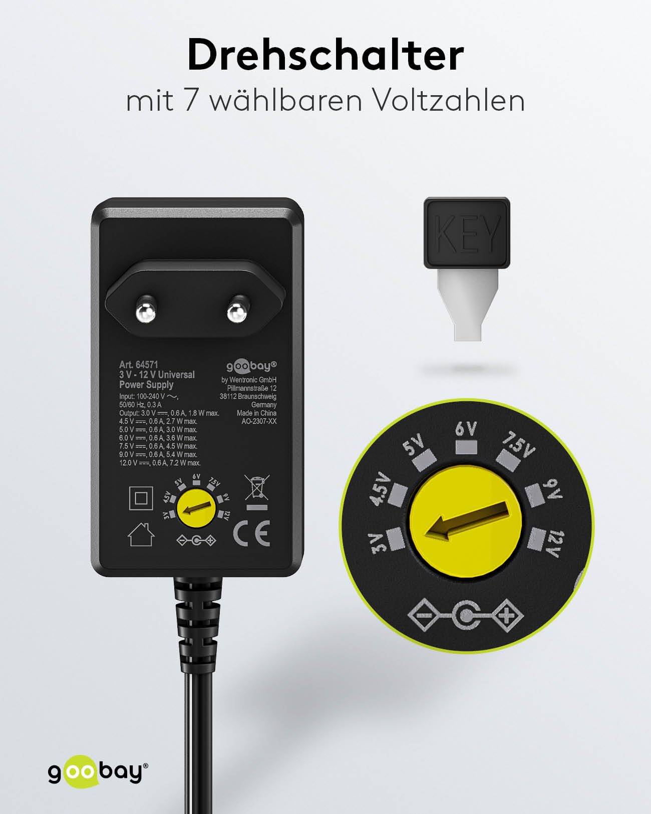 Goobay 64571 Universal Netzteil 3-12V Ladegerät 11 Adapter USB & DC Steckernetzteil max. 7,2W / 0,6A Netzadapter Schwarz