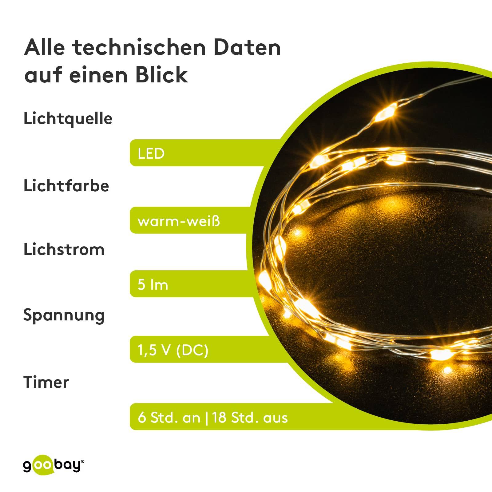 Goobay 66736 LED Micro-Lichterkette mit 20 warmweißen LEDs Timer 5 lm Mini Lichterkette, Drahtlichterkette mit Batterie