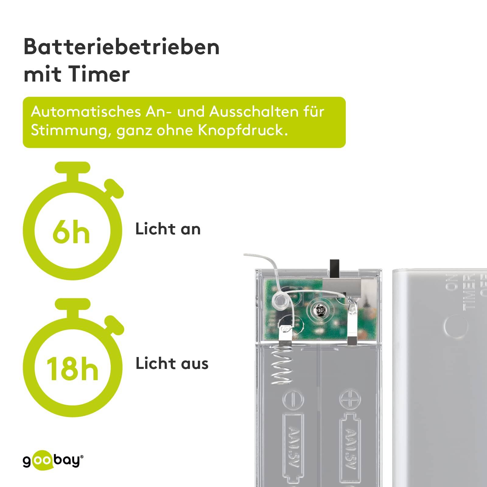 Goobay 66736 LED Micro-Lichterkette mit 20 warmweißen LEDs Timer 5 lm Mini Lichterkette, Drahtlichterkette mit Batterie