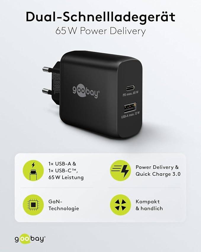 Goobay Dual USB Netzteil 65W Schnellladegerät PD, 2fach Port 1x USB-C &amp; 1x USB-A, Mini GaN Adapter, Schwarz