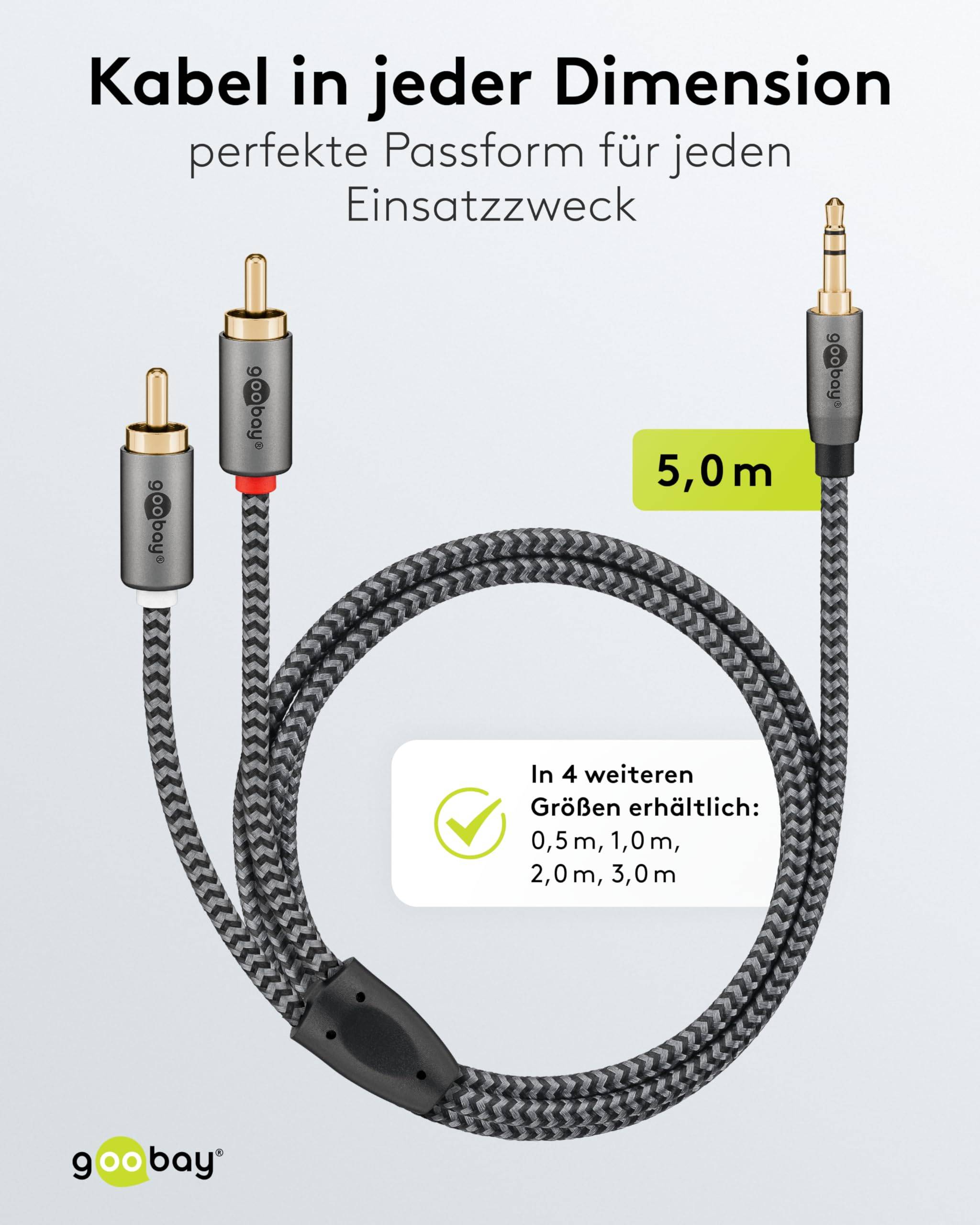 Goobay Plus 65290 AUX auf Cinch Adapterkabel / 3,5 mm Klinkenstecker / Y Cinchkabel Textilkabel Shark Skin / Grau / 5m