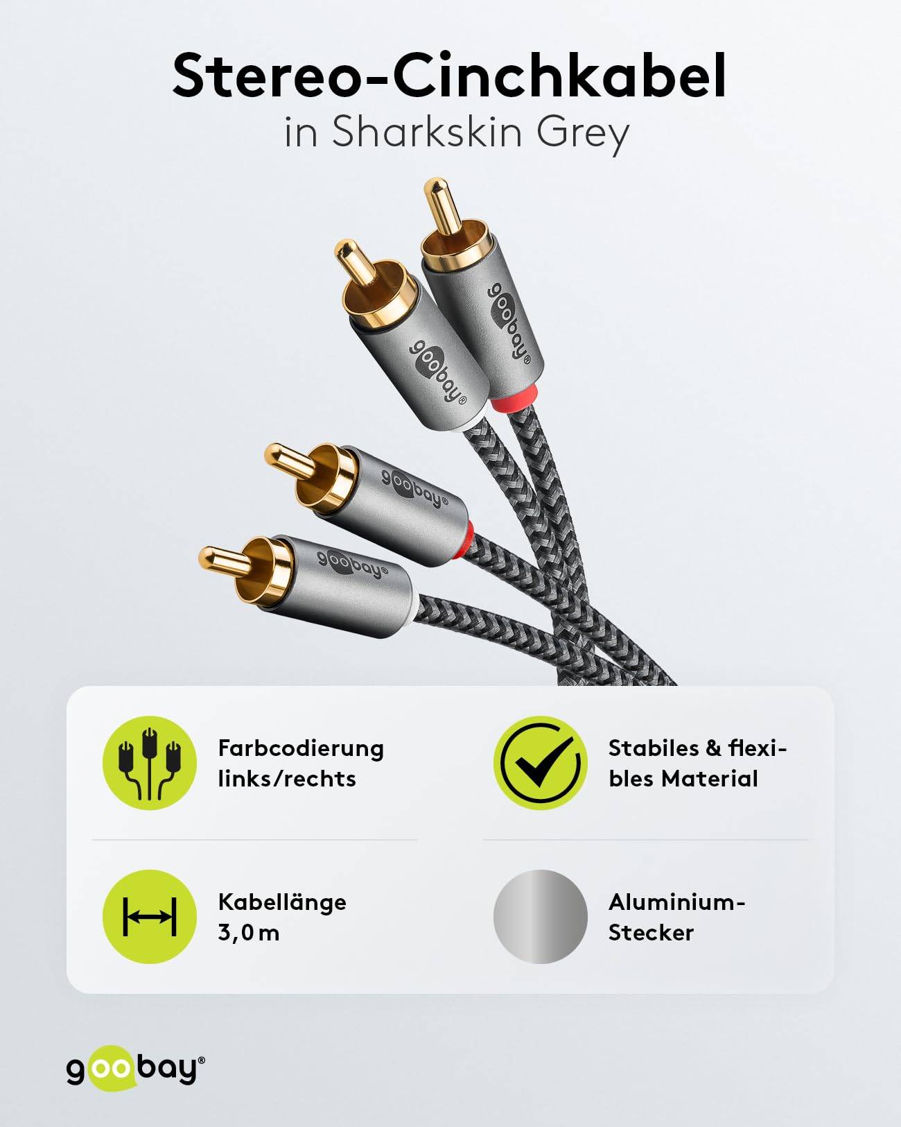 Goobay Plus 65294 Stereo Cinchkabel 2x Cinch-Stecker auf 2x Cinchstecker / Audiokabel Textilkabel Shark Skin Grau / 3m