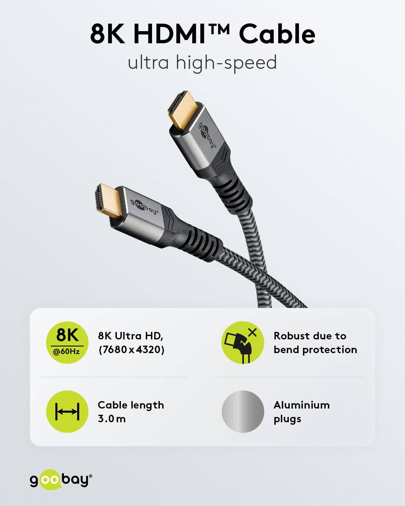 Goobay Plus 65262 Ultra Highspeed HDMI Kabel UHD 8K @ 60Hz Monitorkabel / 48 Gbits Textilkabel Shark Skin / Grau / 3m