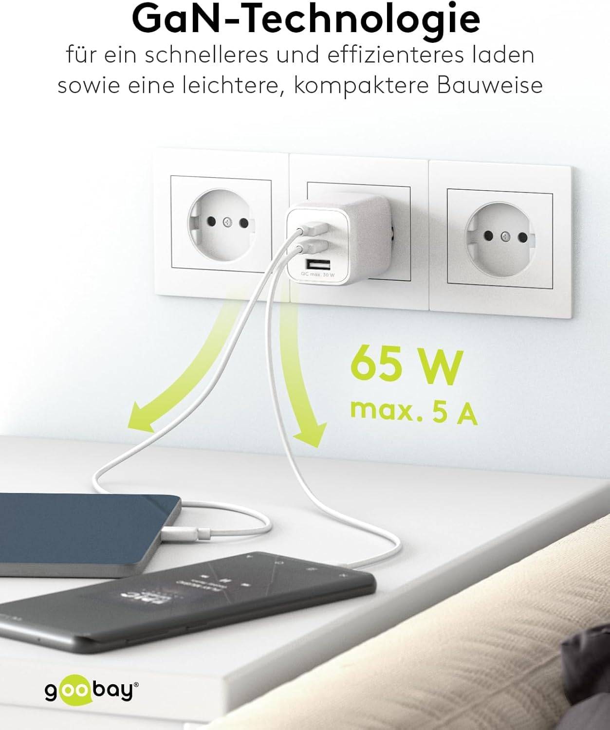 Goobay Nano USB Netzteil 65W, Power Delivery Charger, 3 Port Universal Ladegerät, USB-C & USB-A Adapter, Weiß