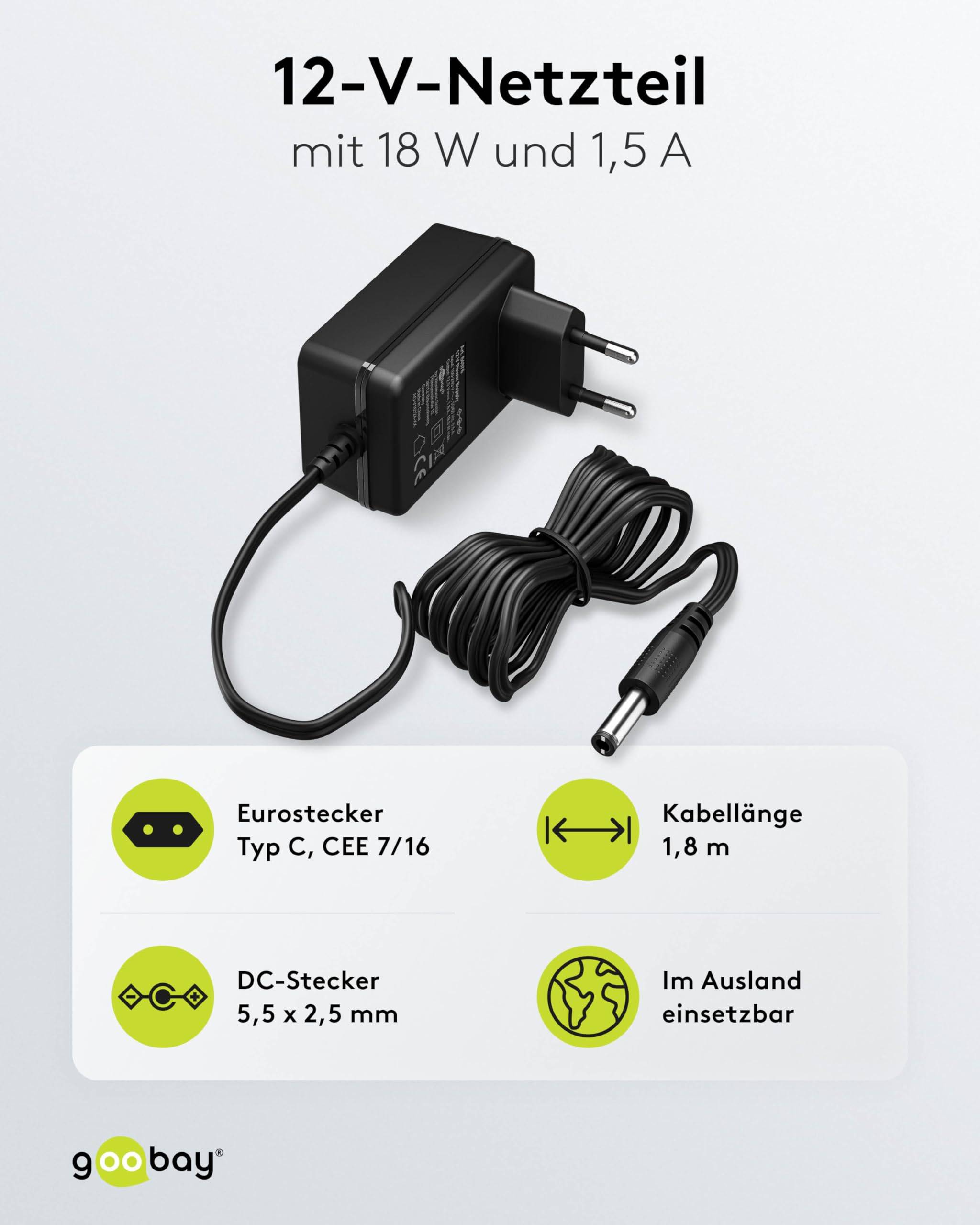 Goobay 64976 12V Netzteil DC Stecker 5,5 x 2,5mm Ladegerät 1,5A / 18W Festspannung Steckernetzteil Netzadapter / Schwarz
