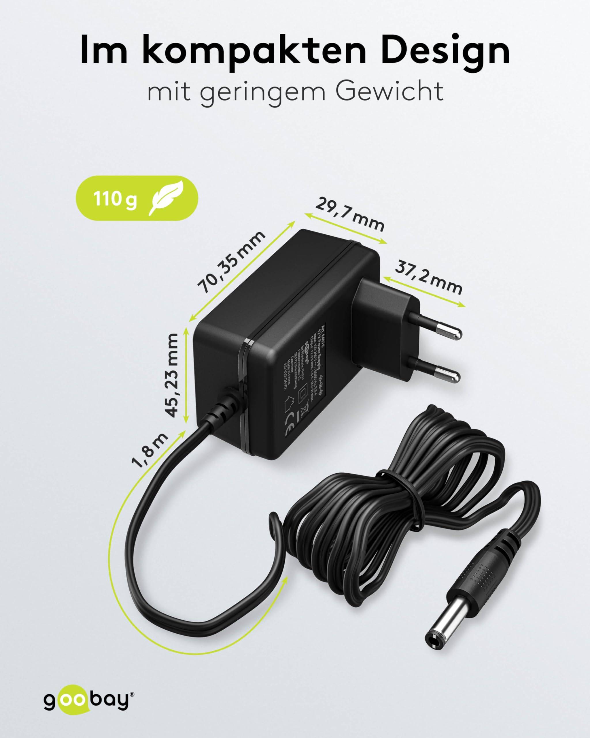 Goobay 64976 12V Netzteil DC Stecker 5,5 x 2,5mm Ladegerät 1,5A / 18W Festspannung Steckernetzteil Netzadapter / Schwarz