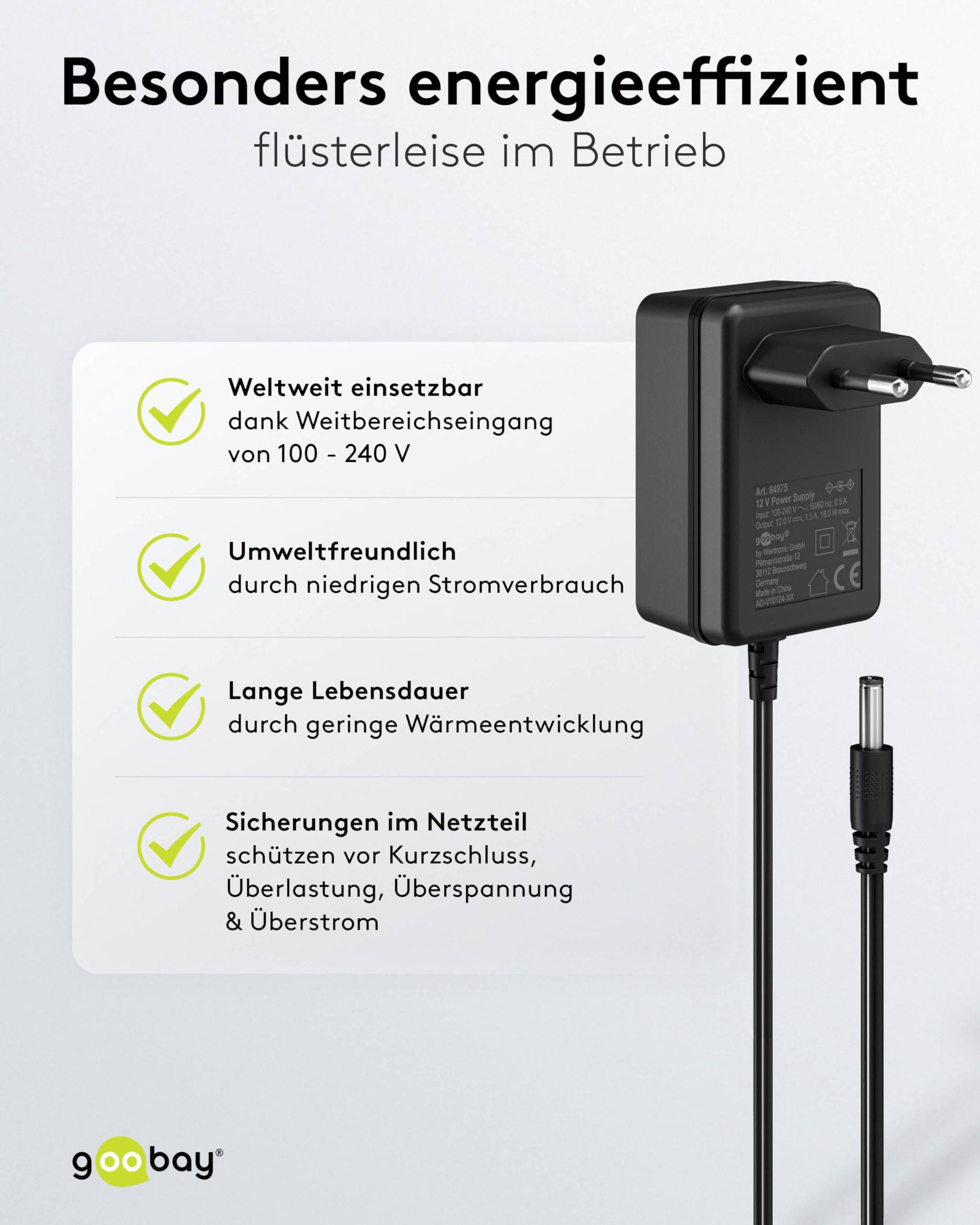 Goobay 64976 12V Netzteil DC Stecker 5,5 x 2,5mm Ladegerät 1,5A / 18W Festspannung Steckernetzteil Netzadapter / Schwarz